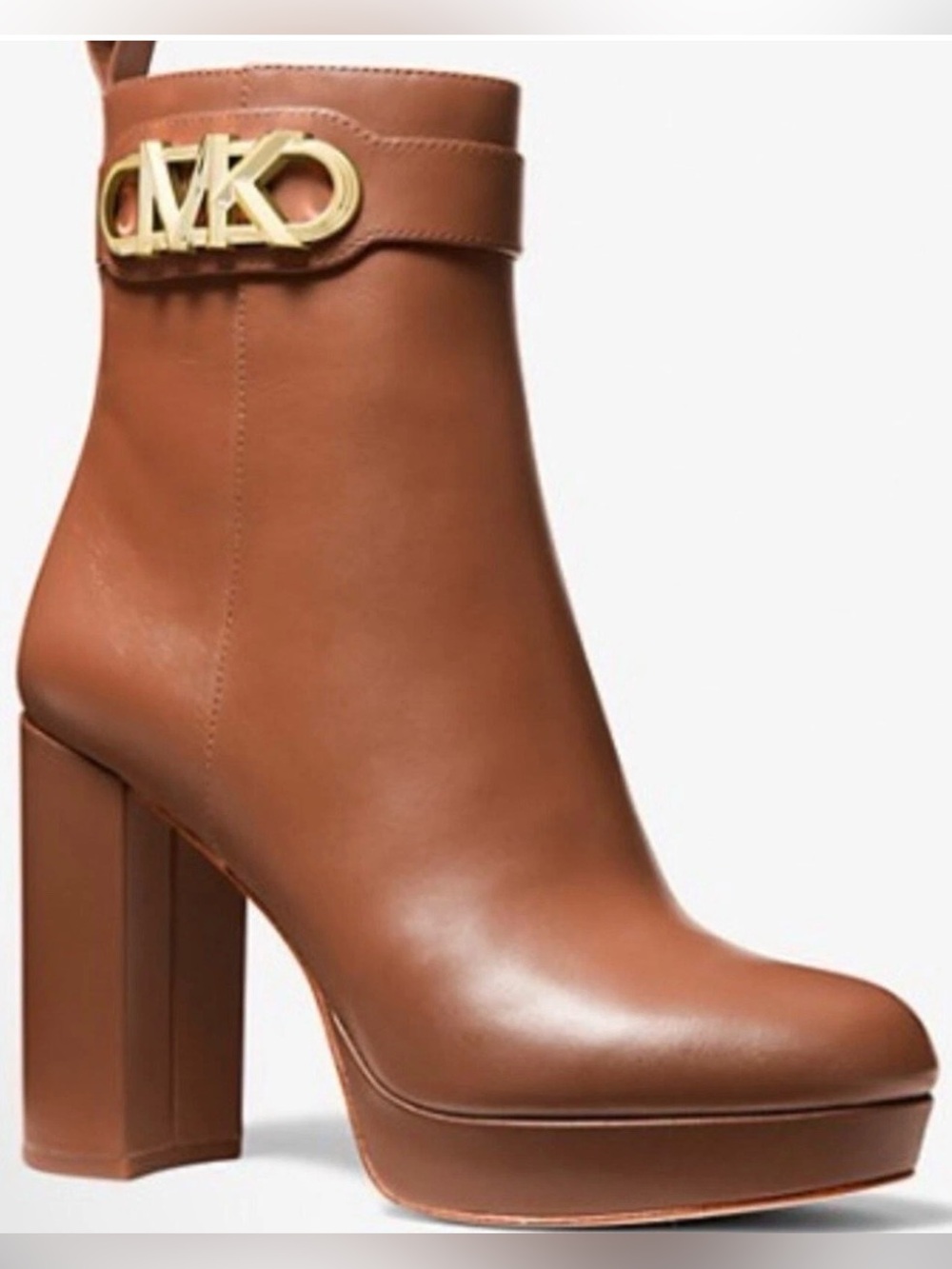 Michael Kors Womens 8.5 Parker Platform Caramel Leather Bootie Gold Charm Accent